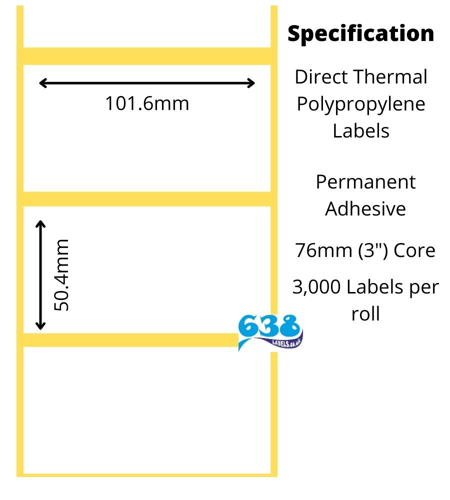101.6 x 50.4mm white direct thermal polypropylene labels manufactured on 76mm (3") cores for industrial direct label printers