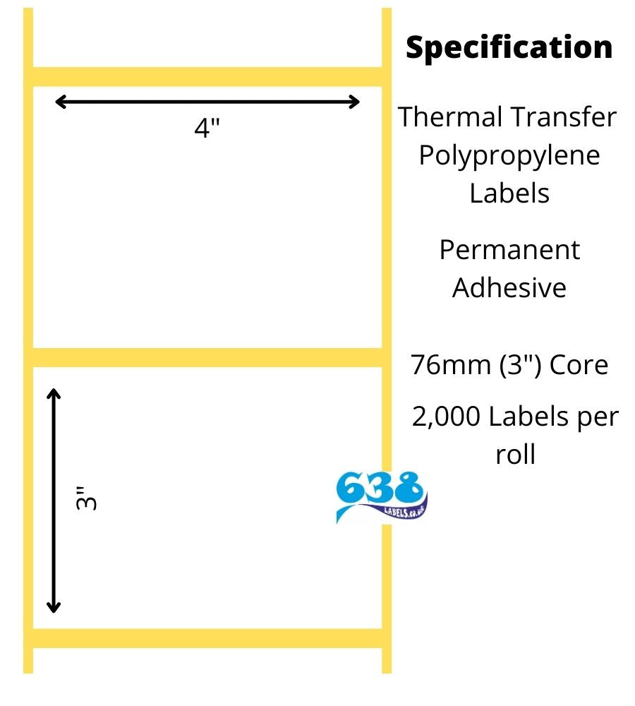 4 x 3" white PP thermal transfer labels manufactured on 76mm (3") cores for industrial thermal transfer label printers