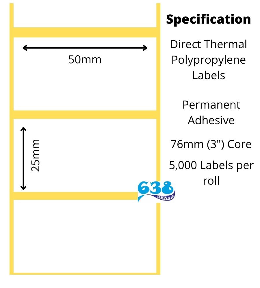 50 x 25mm direct thermal polypropylene labels manufactured on 76mm (3") cores for industrial direct thermal label printers