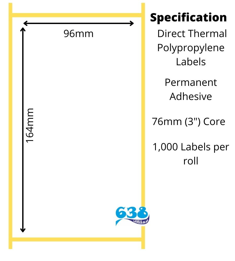 96 x 164mm direct thermal polypropylene labels manufactured on 76mm (3") cores for industrial direct thermal label printers