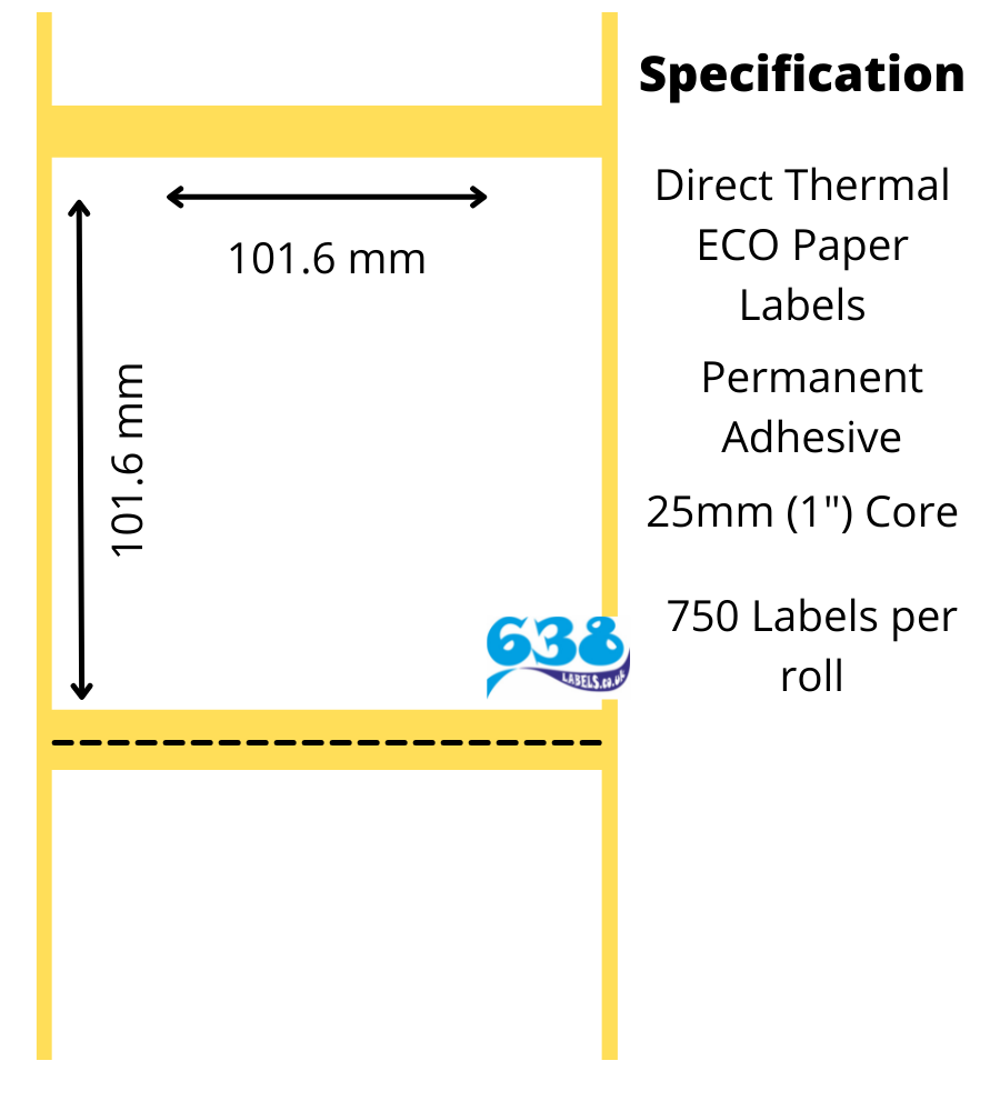 101.6 x 101.6mm Direct Thermal Labels with Perforation - 4,500 Labels - 750 per roll on a 25mm core for desktop label printers