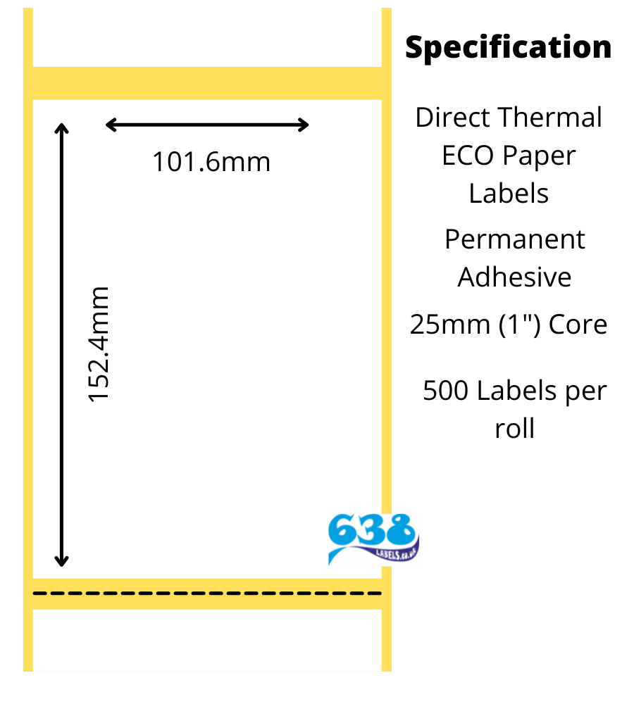 101.6 x 152.4mm Direct Thermal Labels - 5,000 Labels - 500 per roll - 25mm core for desktop direct thermal label printers