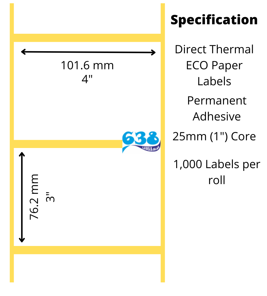 101.6 x 76.2mm Direct Thermal Labels (4 x 3") - 6,000 Labels - 1,000 per roll on a 25mm (1") core for desktop direct thermal label printers