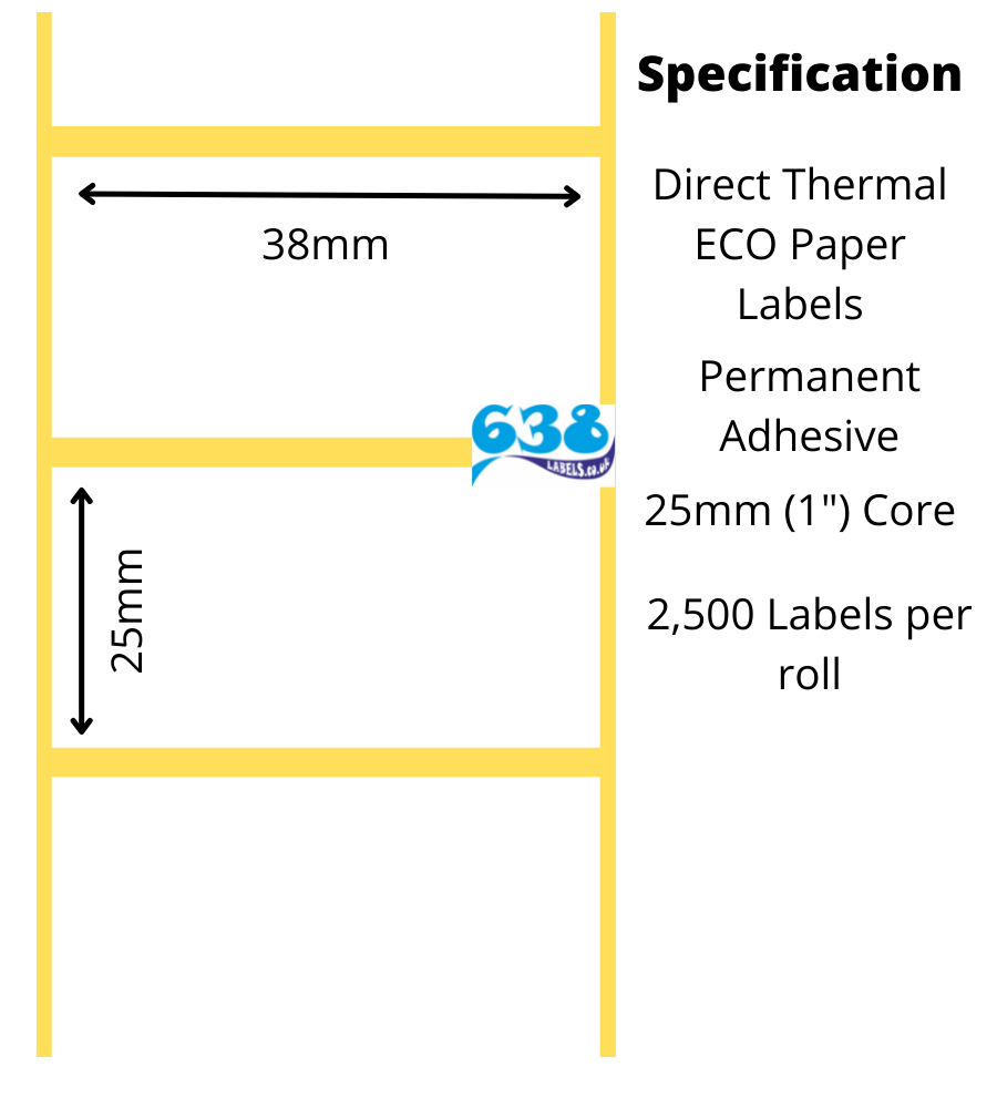 38 x 25mm Direct Thermal Labels - 20,000 Labels - 2,500 per roll on a 25mm (1") core for desktop direct thermal label printers
