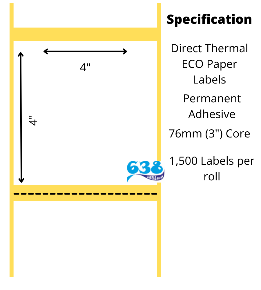 4 x 4" Direct Thermal Labels with Perforation - 6,000 Labels - 1,500 per roll on a 76mm (3") core for industrial direct thermal label printers