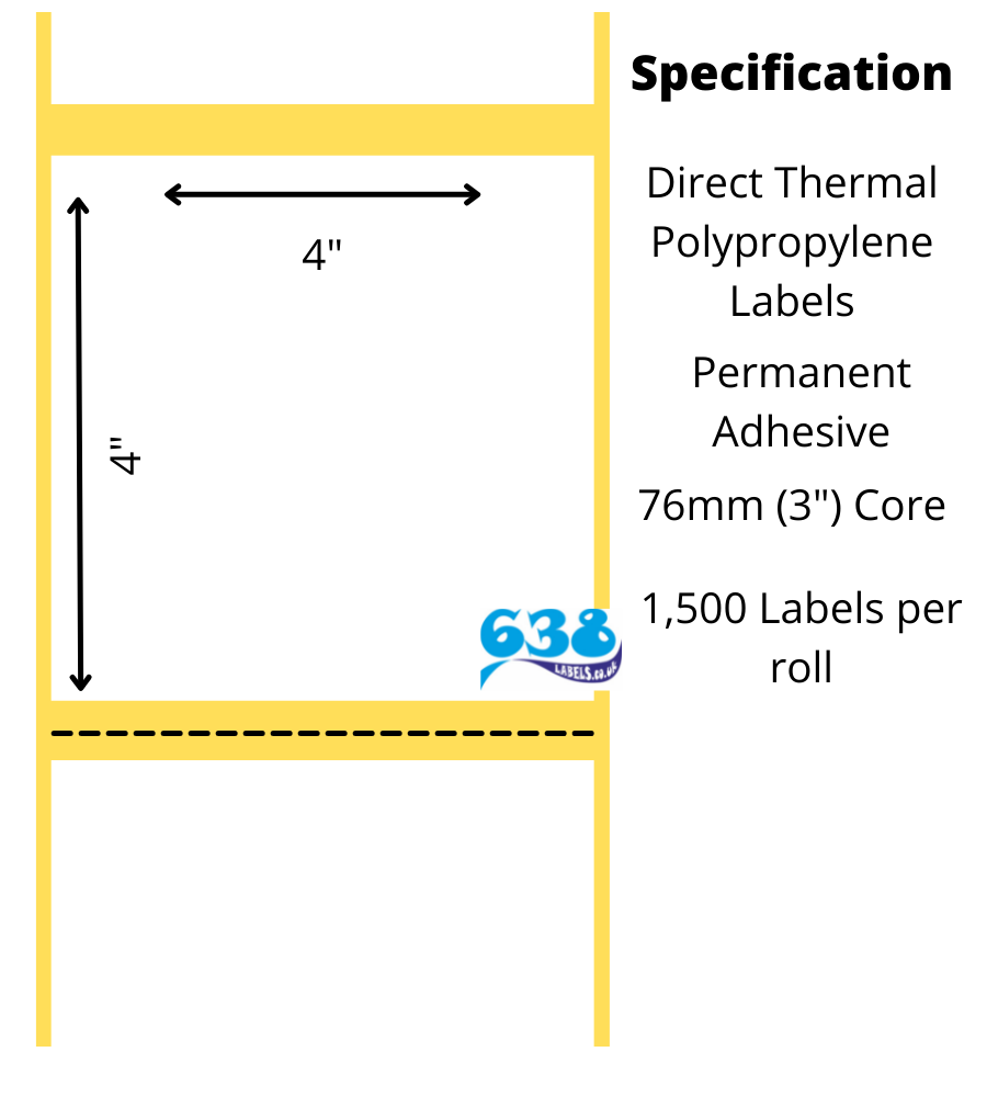4 x 4" Direct Thermal Polypropylene Labels - 6,000 Labels - 1,500 per roll - 76mm core for industrial direct thermal label printers