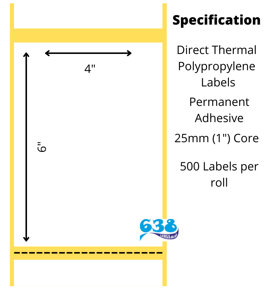 4 x 6" Direct Thermal Polypropylene Labels - 3,000 Labels - 500 per roll - 25mm core for desktop direct thermal label printers