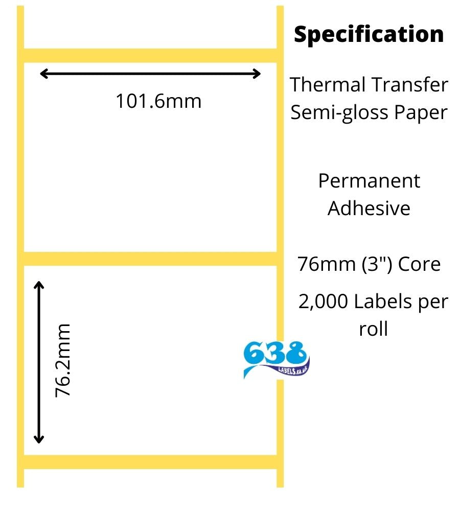 101.6 x 76.2mm thermal transfer labels, semi-glosss paper manufactured on 76mm (3") cores for industrial thermal transfer label printers. 