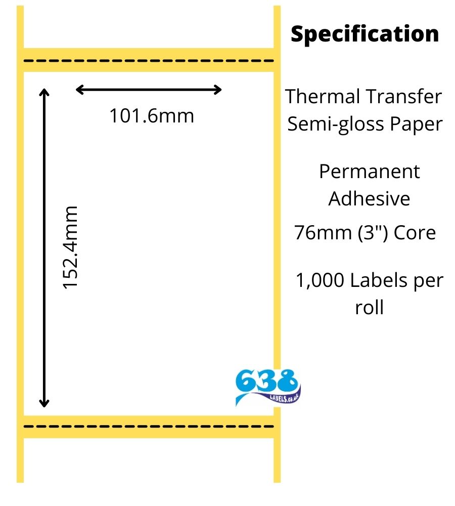 101.6 x 152.4mm thermal transfer labels, semi-glosss paper manufactured on 76mm (3") cores for industrial thermal transfer label printers. 