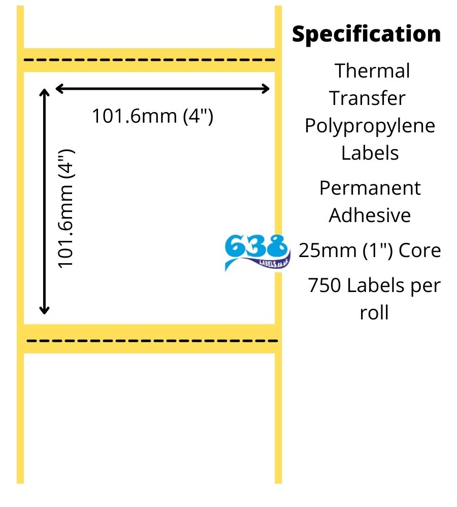 Gloss white polypropylene 101.6 x 101.6mm thermal transfer labels for desktop label printers