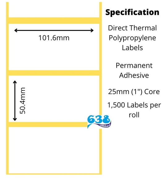 101.6 x 50.4mm Direct Thermal Polypropylene Labels - 9,000 Labels - 1,500 per roll - 25mm core