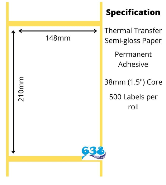148 x 210mm Thermal Transfer Labels , Semi-Gloss Paper on 38mm cores for desktop label printers