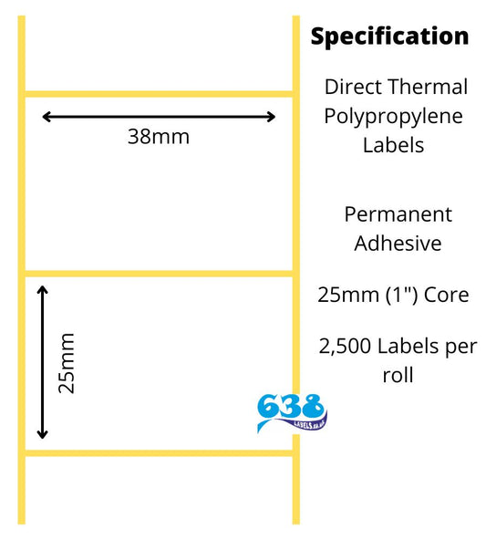 38 x 25mm direct thermal polypropylene labels manufactured on 25mm (1") cores for desktop direct thermal label printers