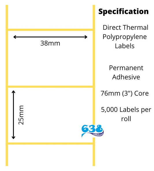 38 x 25mm direct thermal polypropylene labels manufactured on 76mm (3") cores for industrial direct thermal label printers