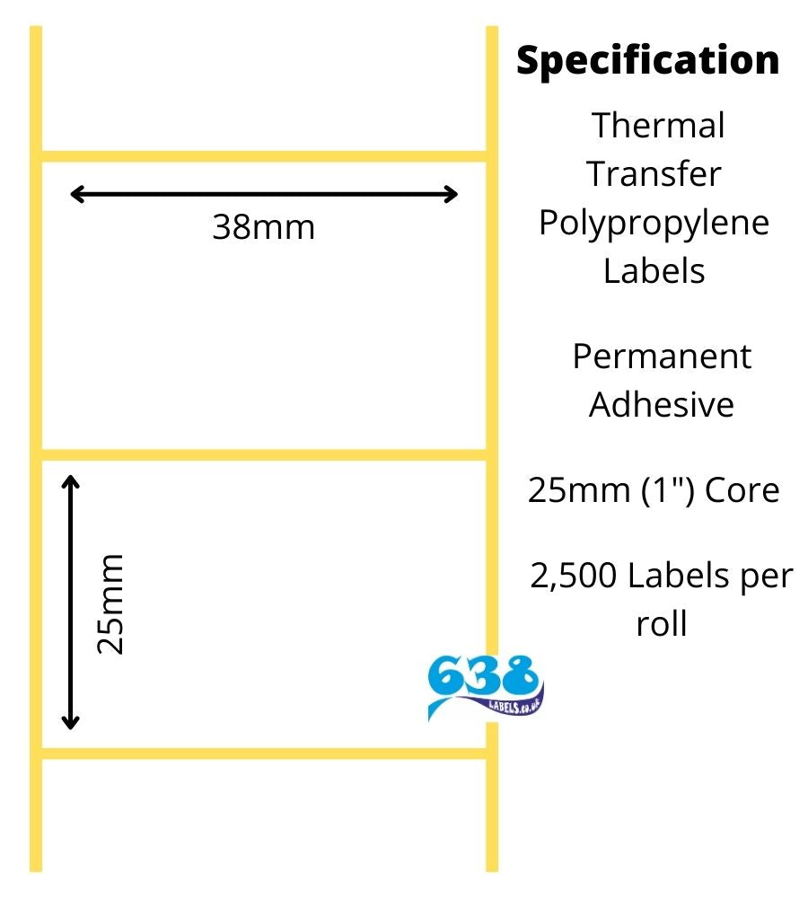 38 x 25mm White PP Thermal Transfer Labels - 25mm (1") core for desktop thermal transfer labels