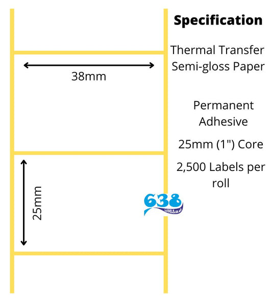 38 x 25mm Thermal Transfer Labels - Semi-Gloss Paper - 30,000 Labels - 2,500 per roll - 25mm core for destop thermal transfer label printers