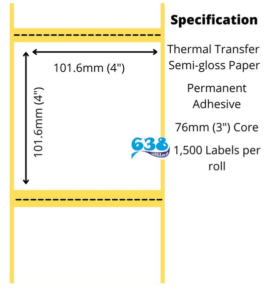 Semi-gloss 4 x 4" thermal transfer labels for industrial label printers manufactured on 76mm cores