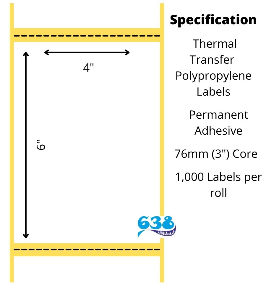 4 x 6" white PP thermal transfer labels manufactured on 76mm (3") cores for industrial thermal transfer label printers.