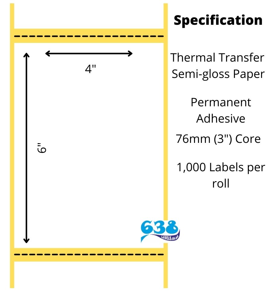 4 x 6" thermal transfer labels, semi-glosss paper manufactured on 76mm (3") cores for industrial thermal transfer label printers