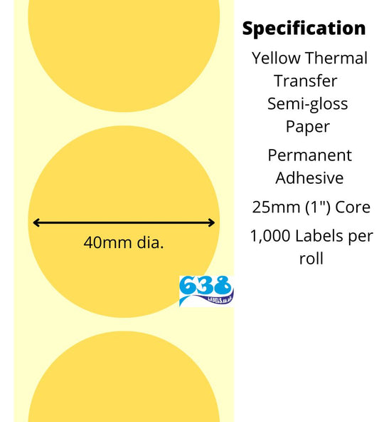 40mm dia. Yellow Thermal Transfer Labels - Semi-Gloss Paper - 5,000 Labels, 1,000 per roll - 25mm core