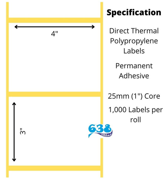 4 x 3" Direct Thermal Polypropylene Labels - 6,000 Labels - 1,000 per roll - 25mm core for desktop label printers
