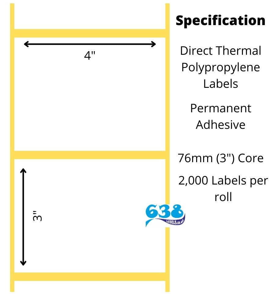 4 x 3" white direct thermal polypropylene labels manufactured on 76mm (3") cores for industrial direct thermal label printers.