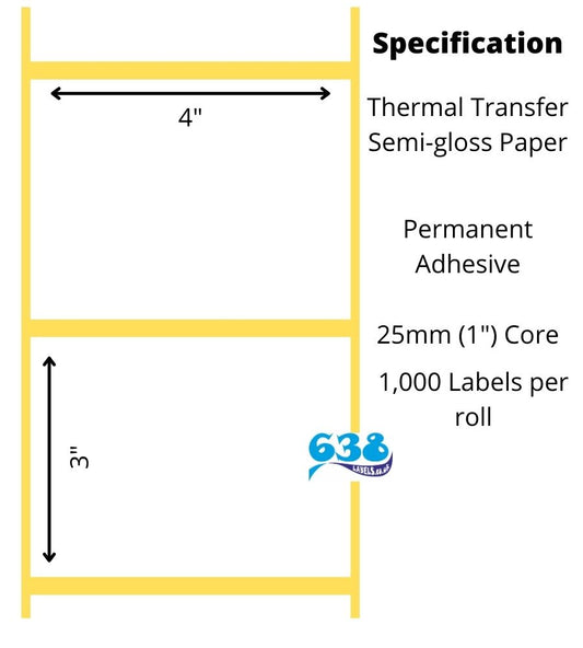 4 x 3" Thermal Transfer Labels - Semi-Gloss Paper - 6,000 Labels - 1,000 per roll - 25mm core for desktop thermal transfer label printers