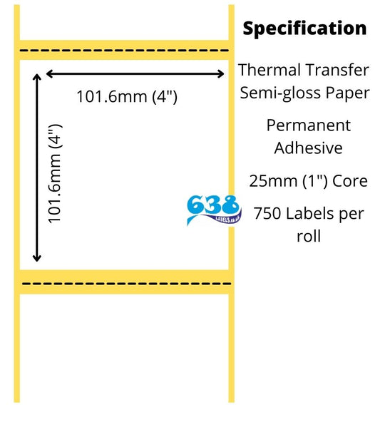 4 x 4" Thermal Transfer Labels - Semi-Gloss Paper - 25mm core
