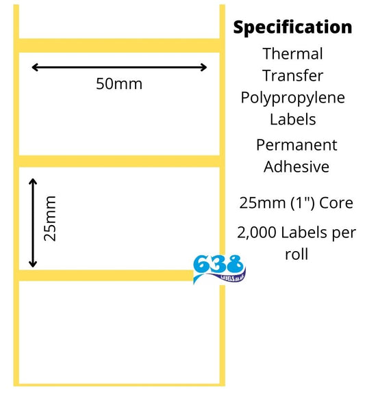 50 x 25mm White Polypropylene Thermal Transfer Labels - 25mm (1") for desktop thermal transfer printers