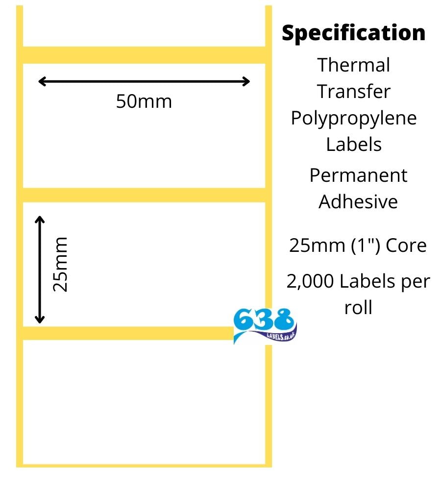 50 x 25mm White Polypropylene Thermal Transfer Labels - 25mm (1") for desktop thermal transfer printers