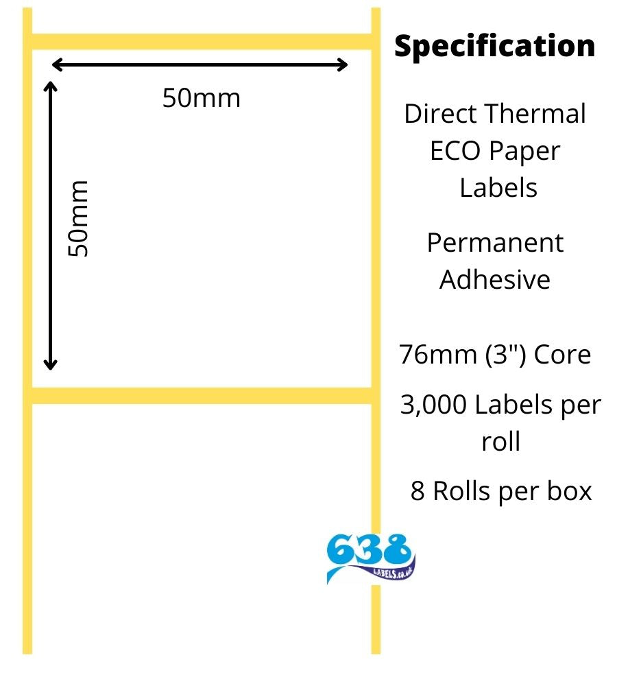 50 x 50mm direct thermal eco labels on a 76mm (3") core for industrial label printers