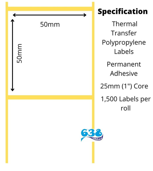 50 x 50mm White Polypropylene Thermal Transfer Labels - 25mm (1") core for desktop thermal transfer label printers
