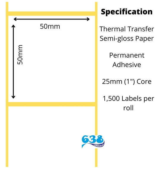 50 x 50mm Thermal Transfer Labels - Semi-Gloss Paper - 18,000 Labels - 1,500 per roll - 25mm (1") core for destop thermal transfer labels printers