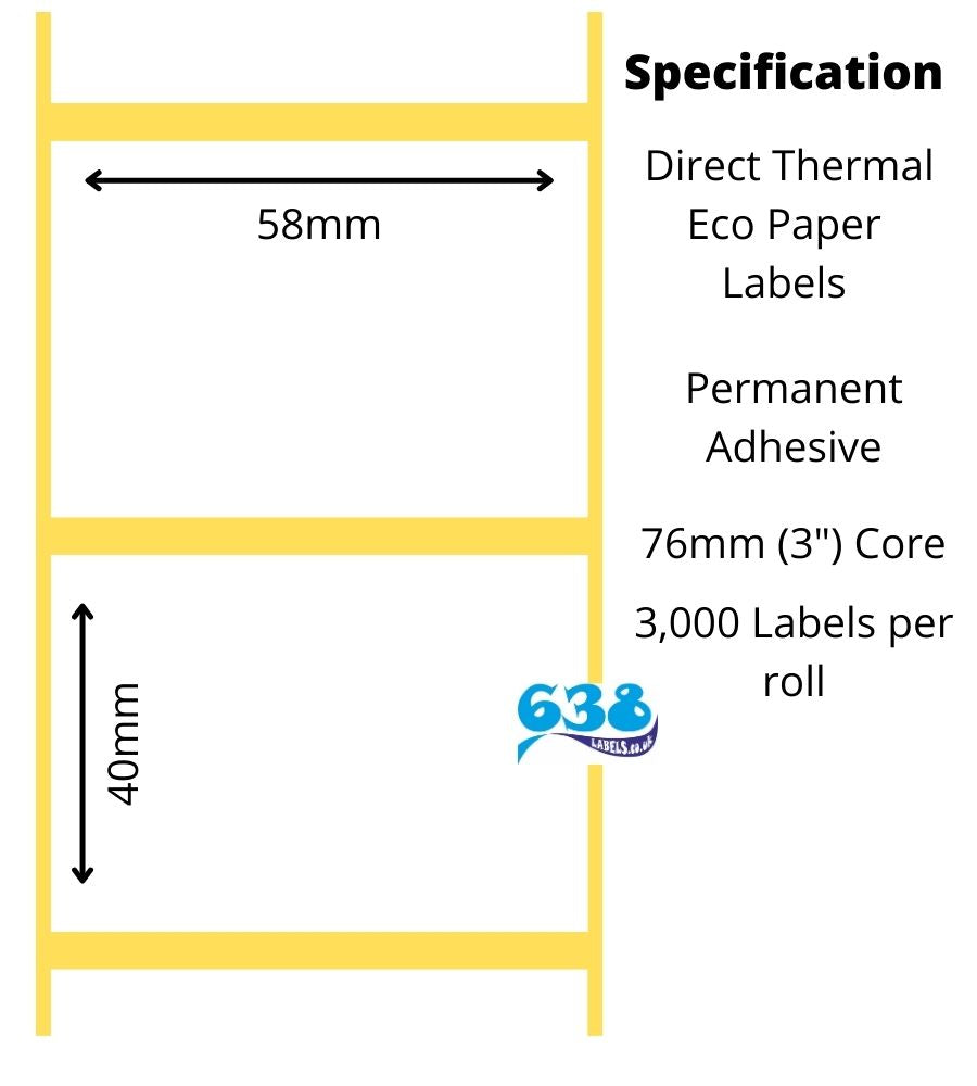 58 x 40mm Direct Thermal Labels manufactured on 76mm (3") cores for industrial label printers