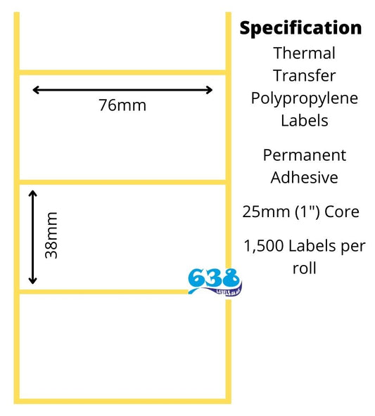 76 x 38mm Gloss White Thermal Transfer Polypropylene Labels With Permanent Adhesive on 25mm Cores for desktop thermal transfer label printers