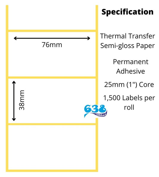 76 x 38mm Thermal Transfer Labels - Semi-Gloss Paper - 12,000 Labels - 2,000 per roll