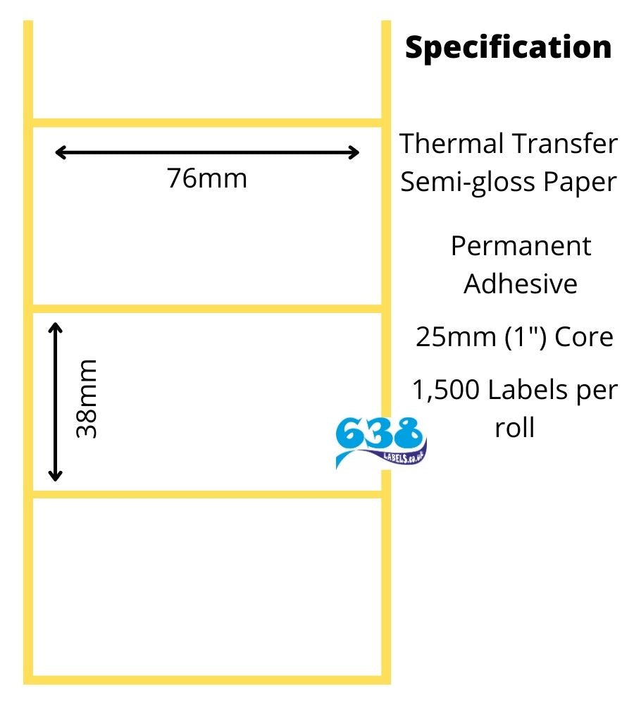 76 x 38mm Thermal Transfer Labels - Semi-Gloss Paper - 12,000 Labels - 2,000 per roll
