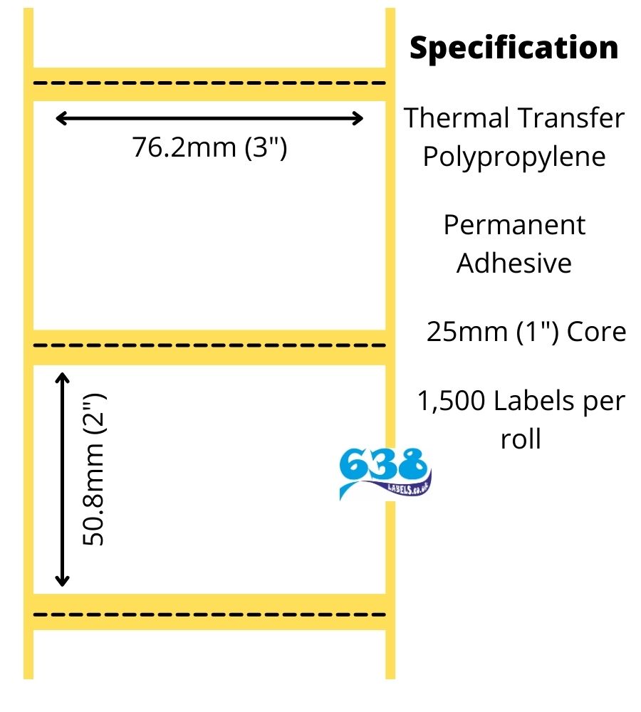 76 x 50mm Gloss White Thermal Transfer Polypropylene Labels With Permanent Adhesive on 25mm Cores for desktop thermal transfer label printers