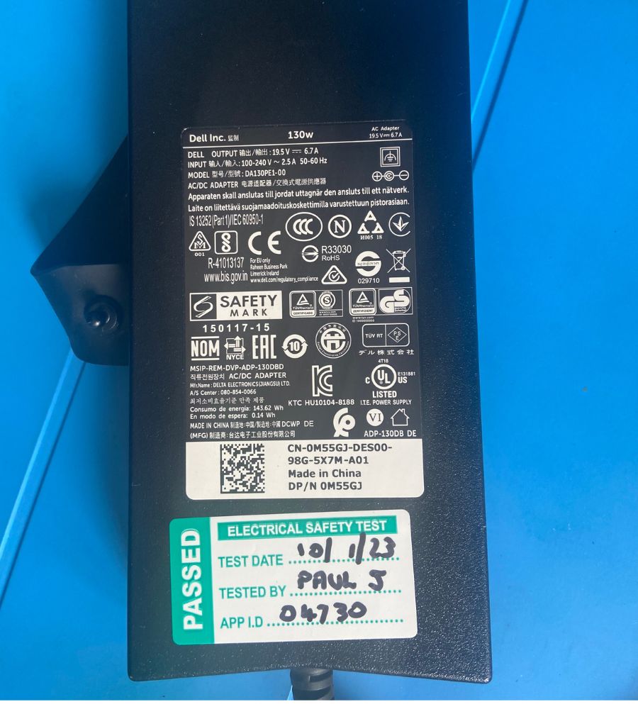 Dell Laptop Charger with 4th edition pat testing label