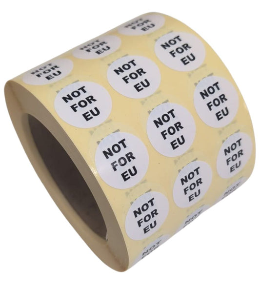 <strong>NOT FOR EU</strong><span>&nbsp;</span>labels, 25mm diameter with black text on white paper