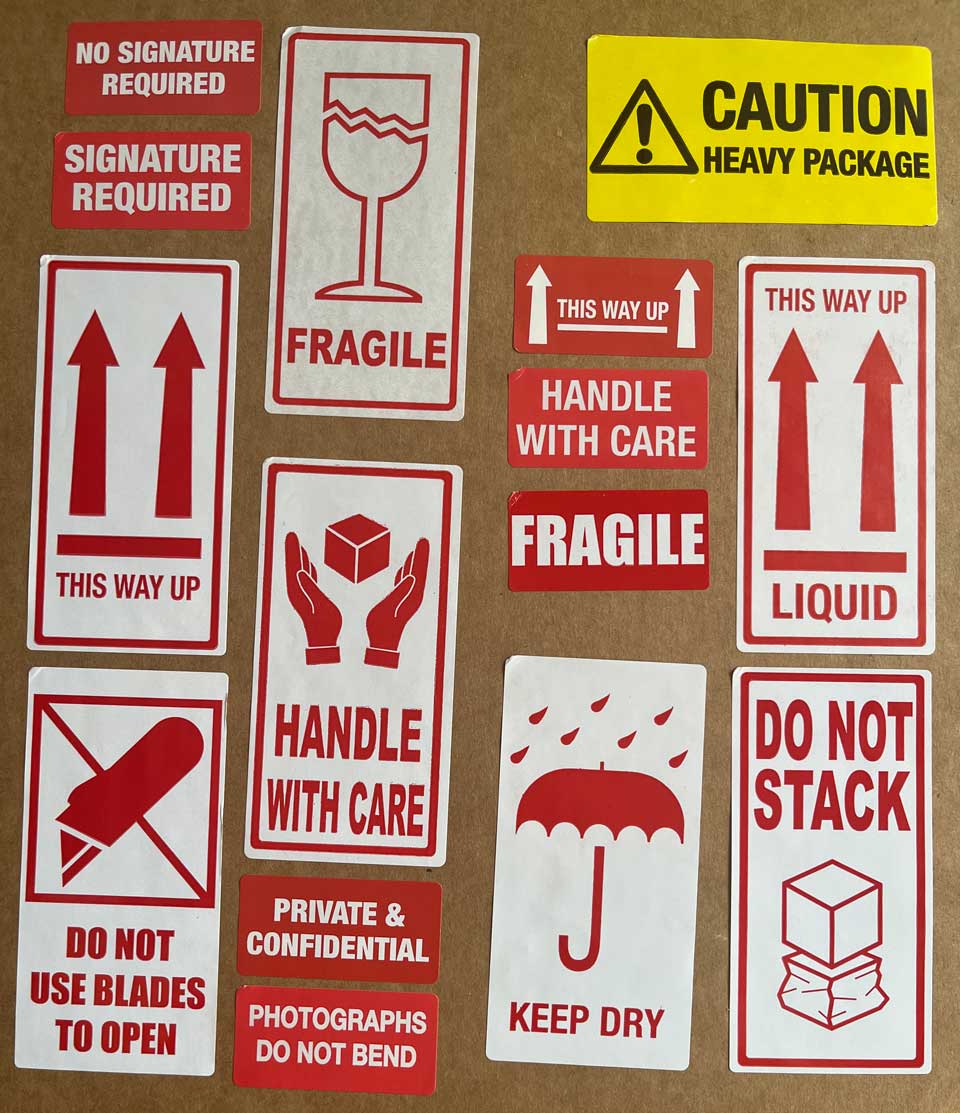 Full range of packaging labels, mailing labels and shipping labels of various sizes, shapes and colours.