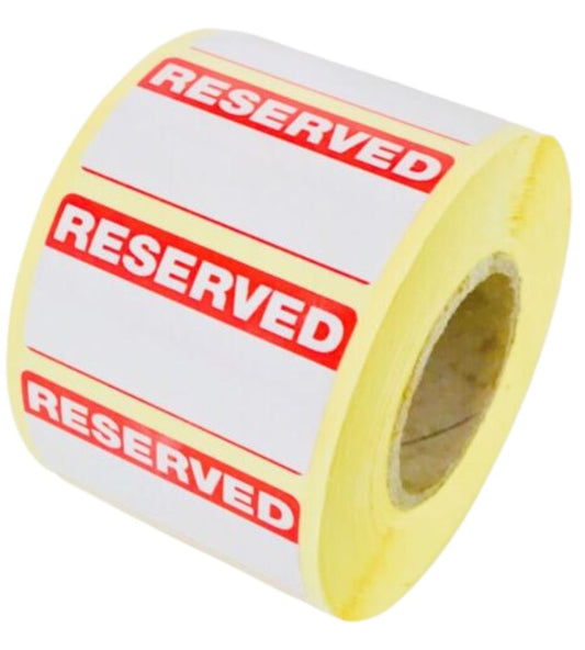 50 x 25mm Reserved labels for most retail environments, auction houses and many other uses.  Easily identify merchandise that has been reserved.