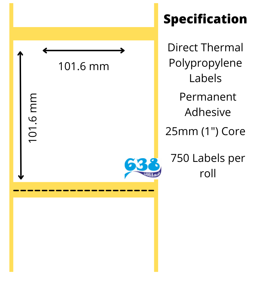 101.6 x 101.6mm Direct Thermal Polypropylene Labels - 4,500 Labels - 750 per roll - 25mm core for desktop direct thermal label printers