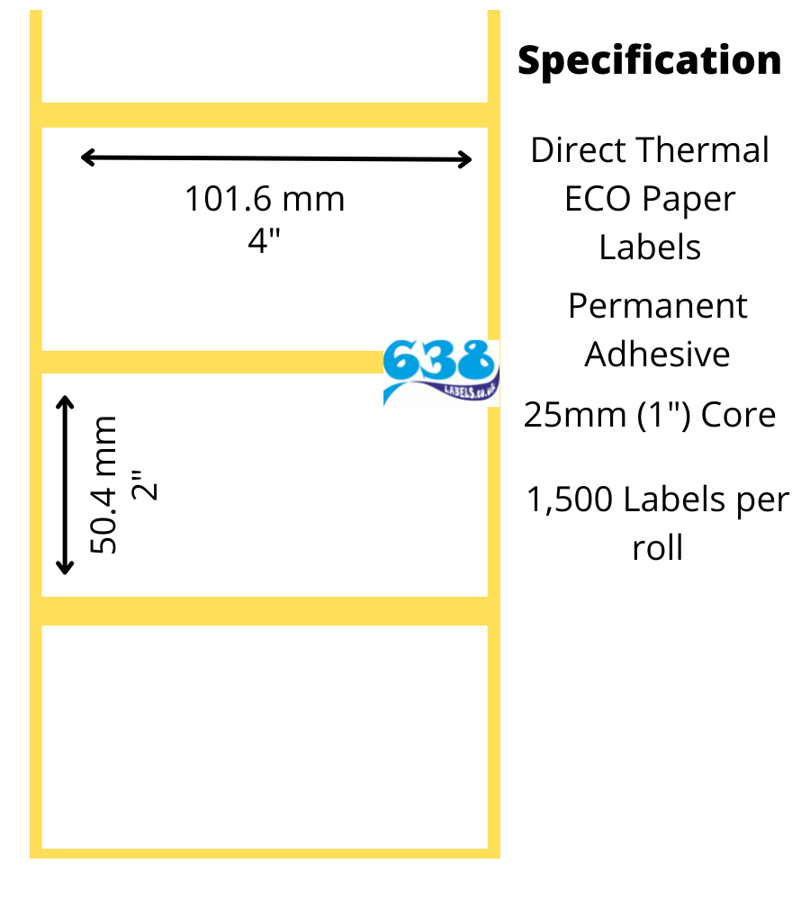 101.6 x 50.4mm Direct Thermal Labels (4 x 2") - 9,000 Labels - 1,500 per roll on a 25mm (1") core for desktop direct thermal label printers