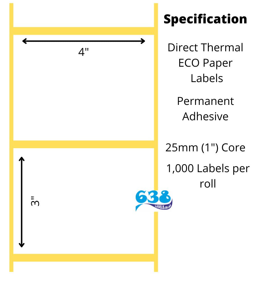 4 x 3" Direct Thermal - 6,000 Labels - 1,000 per roll on a 25mm (1") core for desktop direct thermal label printers