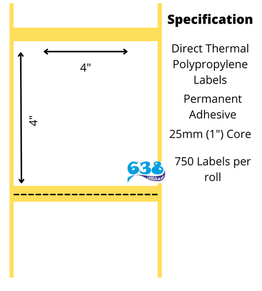 4 x 4" Direct Thermal Polypropylene Labels - 4,500 Labels - 750 per roll - 25mm core for desktop direct thermal label printers