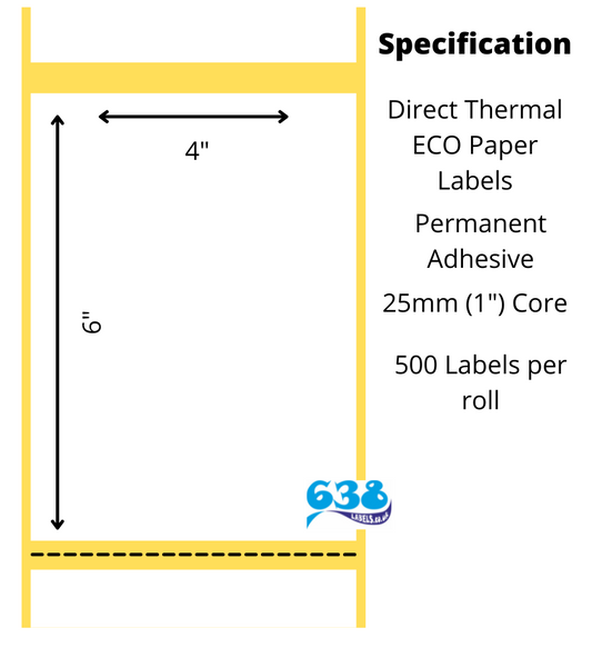 4 x 6" direct thermal labels for desktop direct thermal label printers.  25mm (1") core diameter.