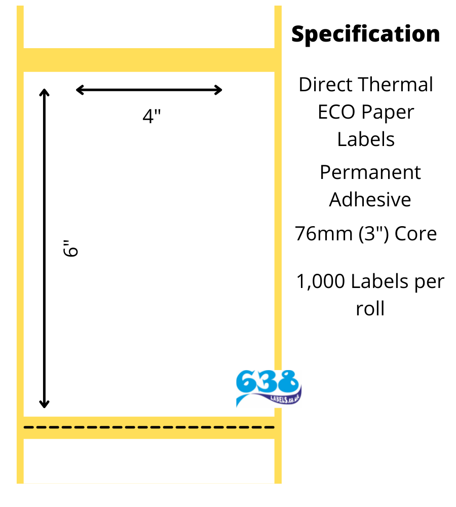 4 x 6" direct thermal labels for industrial direct thermal label printers.  76mm (3") core diameter.