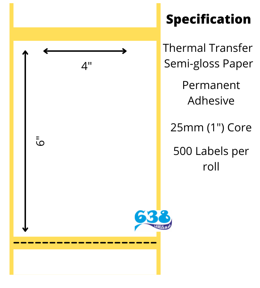 4 x 6" semi-gloss thermal transfer labels on 25mm (1") cores for desktop thermal transfer label printers