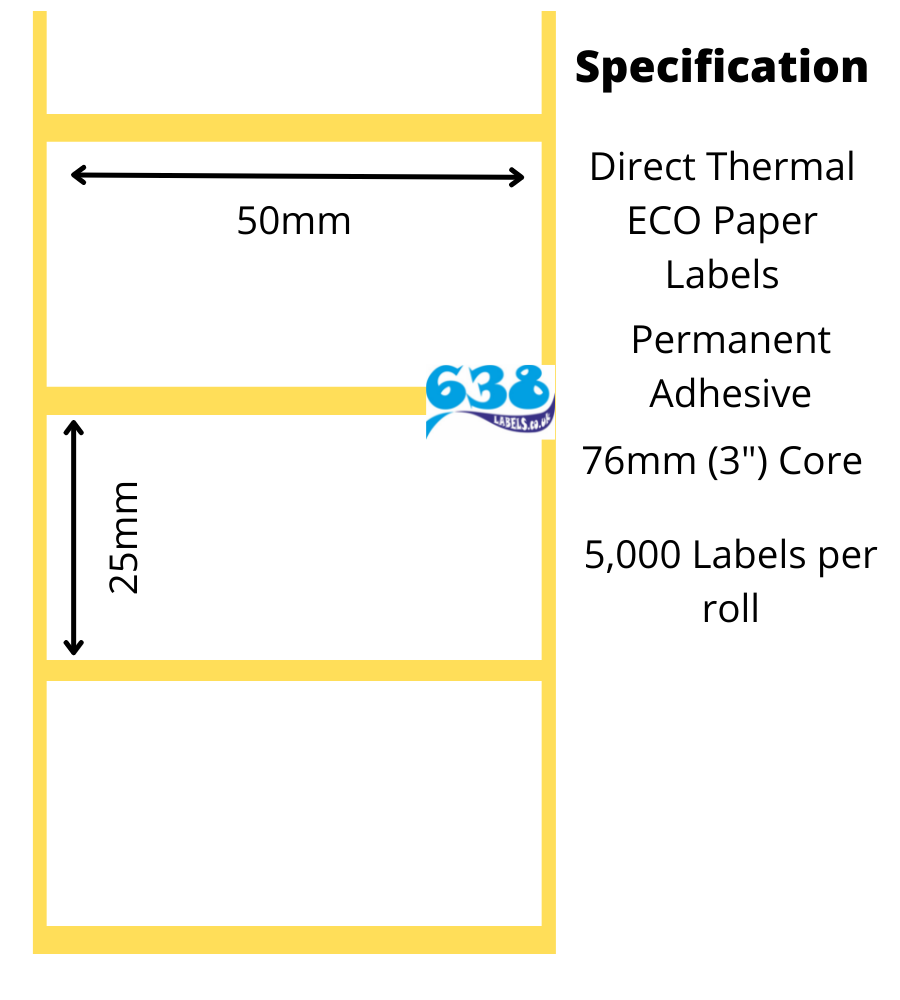 50mm x 25mm Direct Thermal Labels - 40,000 Labels - 5,000 per roll on a 76mm (3") for industrial direct thermal label printers